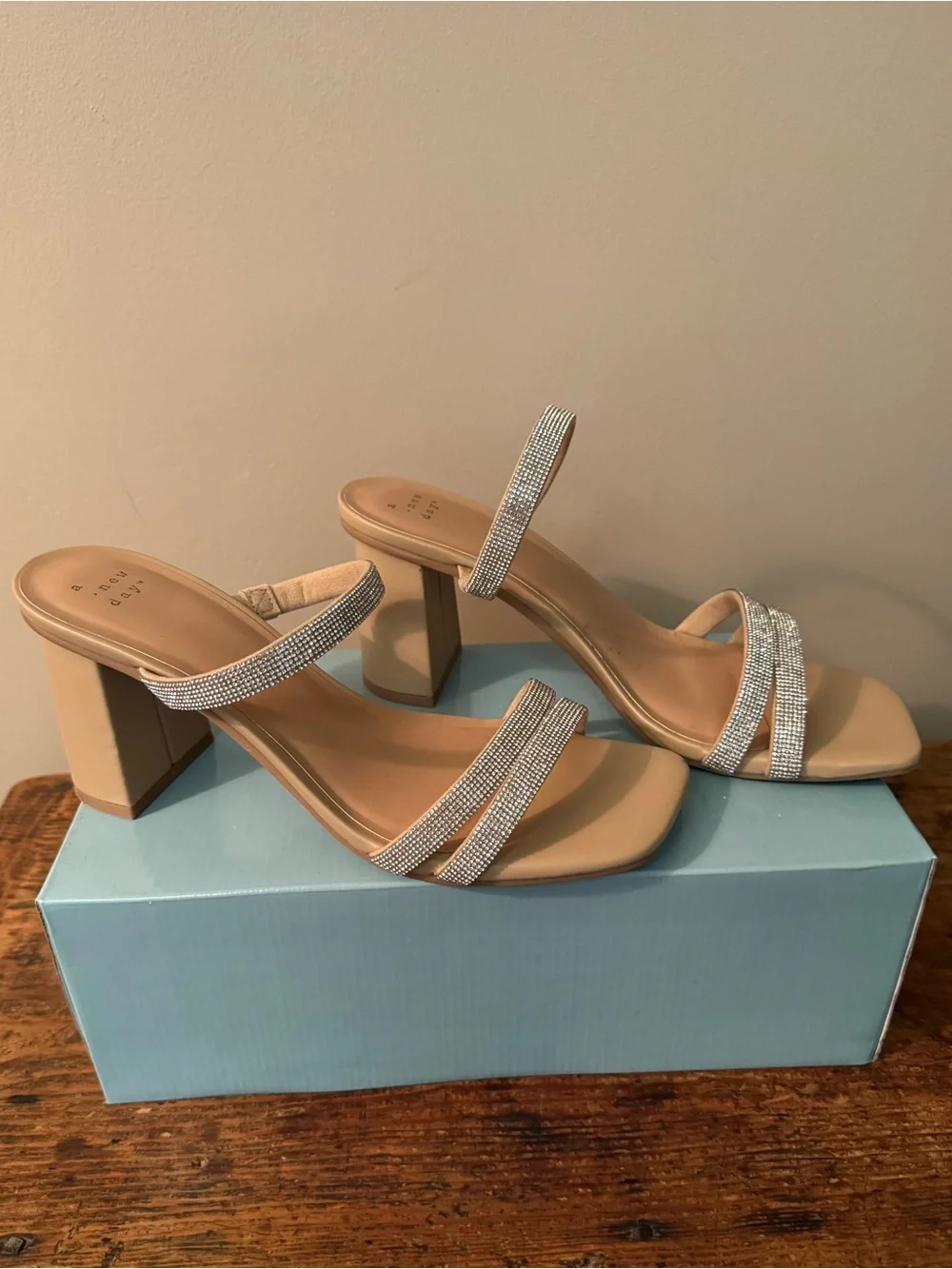 A New Day Beige Rhinestone Double-Strap Block Heel Sandal, size 9